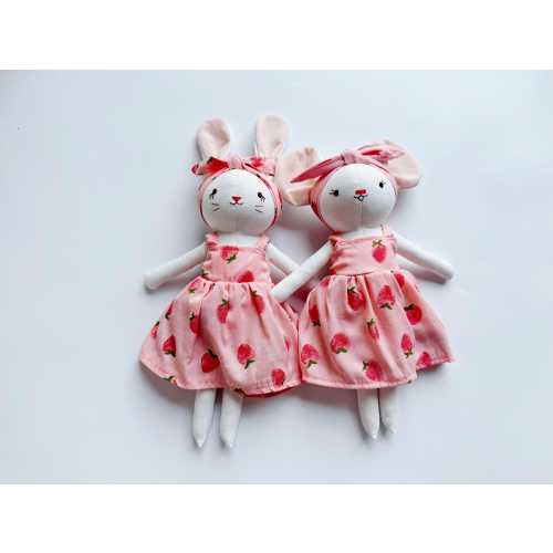 Bunny Dolll With Pink Strawberry Dress, Heirloom Handmade Doll, Textile Doll, Doll Princess Dress, 33 cm (13 inches)