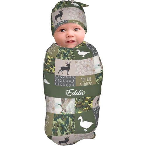 Custom Baby Swaddle Blanket for Boys Personalized Name Receiving Blankets with Hat Set for Newborn Infant Baby Gifts (Deer Hunting)