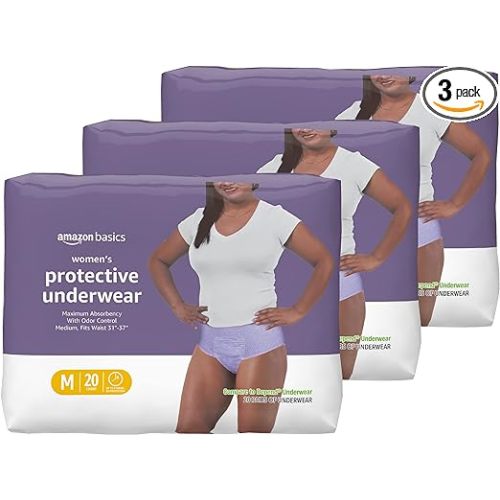 Amazon Basics Incontinence Underwear for Women, Protective, Disposable, Postpartum, Maximum Absorbency, Medium, Lavender, 60 Count (3 Packs of 20)