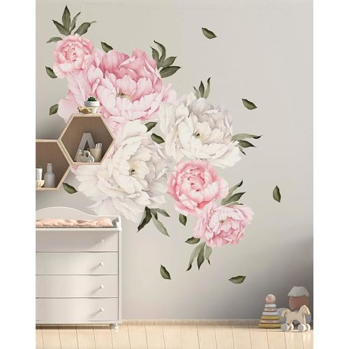Murwall Pink Peonies Flowers and green leaves Removable Peony Floral Wall Decals