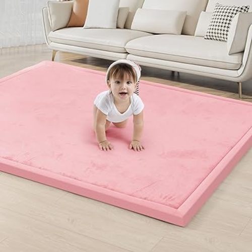 ACOMOPACK Baby Play Mat for Floor 1.3" Thick Memory Foam Play Mat 59"×71" Tummy Time Crawling with Non-Slip Bottom for Living Room,Nursery,Soft Velvet Playpen Mats for Kids,Infants(Pink)