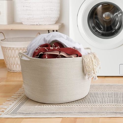 Maliton Extra Large Blanket Basket Bin, Woven Cotton Rope Basket for Toys Towels, Pillow Basket with Handles, 22" x 22" x 14" Nursery Laundry Basket, Big Toy Basket, White Rope Baskets for Storage - C-White