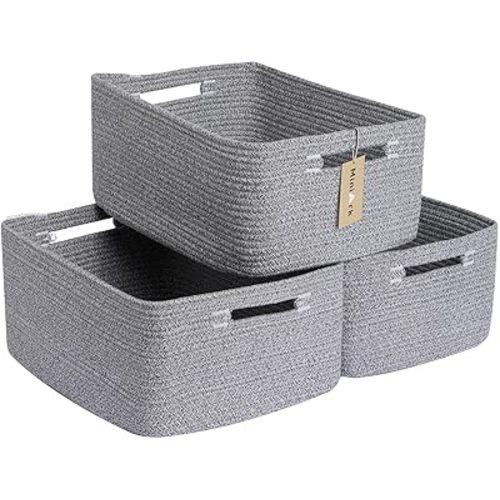 Large Storage Baskets for Shelves, Closet Organizers Bins for Clothes Blanket Towels, Baby Nursery, Toy Baskets Box, Woven Rope Baskets, 17 x 13 x 7.5”, 3 Packs Mixed Grey
