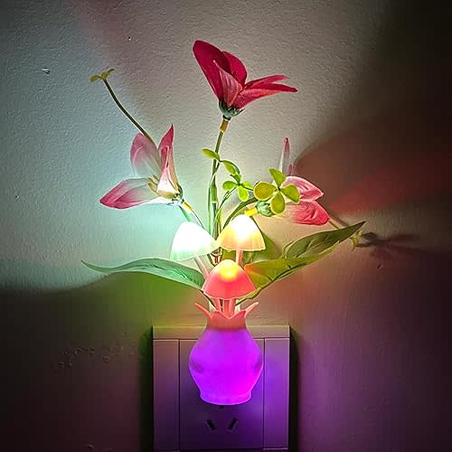 Plug-in Night Light with Auto Light Sensor, RGB LED Mushroom Night Light Wall Based Flower Lamp 1W Energy Efficient Nursery Nightlight for Kids Room, Bedroom, Nursery, Lounge, Hallway and Stairs
