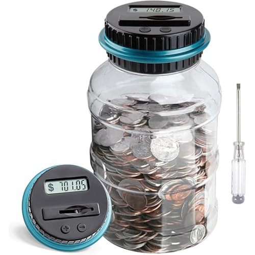 Large Piggy Bank for Boys Adults, Vcertcpl Digital Coin Counting Bank with LCD Counter, 1.8L Capacity Coin Bank Money Jar for Adults, Designed for All US Coins (Blue)