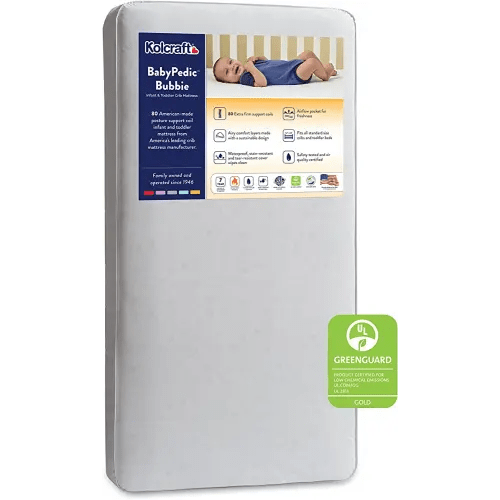Kolcraft BabyPedic Bubbie Extra Firm Waterproof Baby Crib Mattress and Toddler Bed Mattress, 80 Steel Coils, Sustainable Comfort, GREENGUARD Air Quality Certified - Made in USA, 52"x28"