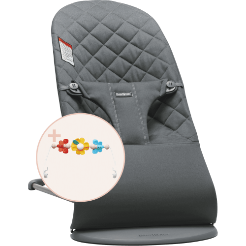 BabyBjorn Bouncer Bliss, Ergonomic Cotton Baby Chair with Toy Bar, Anthracite, 0-2 Years