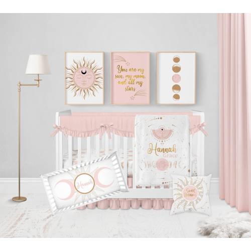 Moon and Stars Crib Bedding Set, Sun Crib Bedding, Baby Girl Crib Bedding Set, Moon Stars Nursery, Pink Crib Sheets Girl, Celestial Crib Set