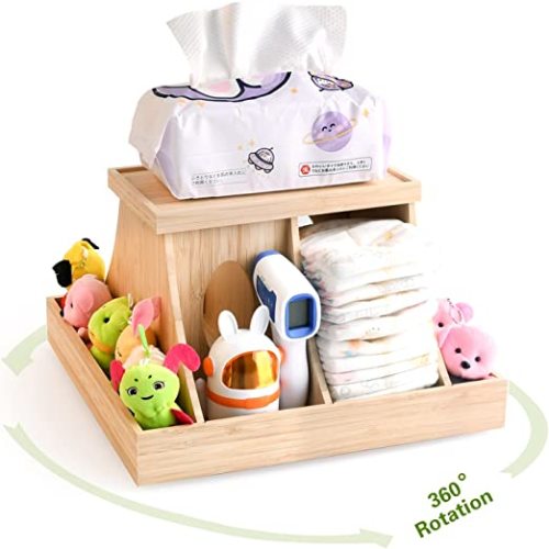 YiLiiod Wooden Baby Diaper Cabby Organizer, 360 Degrees Rotating Bamboo Cabby Storage with Removable Divides, Nursery Diaper Organizer for Changing Table