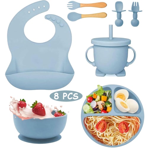 OhhGo Silicone Baby Feeding Set, 8 PCS Baby Led Weaning Supplies with Baby Spoon and Fork, Sippy Cup with Straw, Adjustable Bib Baby Feeding Supplies Set, Blue