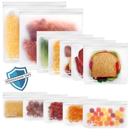 SPLF 12 Pack Dishwasher Safe Reusable Storage Bags (5 Sandwich Bags, 5 Snack Bags, 2 Gallon Bags), BPA Free Freezer Bags Leakproof Silicone and Plastic Free Lunch Bags Food Storage
