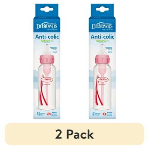 (2 pack) Dr. Brown’s Natural Flow Anti-Colic Options+ Narrow Baby Bottle, Pink, 8oz, Slow Flow, 0m+, 1 Pack