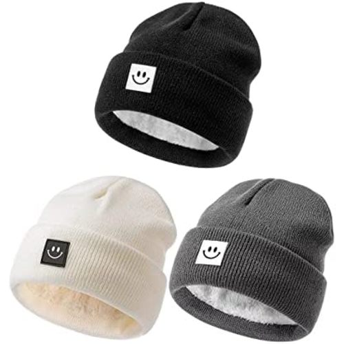 Hispeka Baby Beanie Hat 3 Packs with Cute Smiley Face, Toddler Girls Boys Baby Hats Winter, Kids Winter Hat Cold Weather