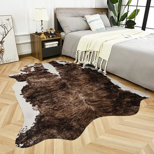 Easycozy Faux Cowhide Large Cow Print Rug - 4.7 x 5.2 Feet, Thickened Elastic for Bedroom, Living Room, Home Office, Western Decor