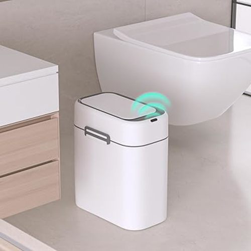 ELPHECO 2.5 Gallon Garbage Can with Buckle-up Latches, Motion Sensor Trash Can with Buckling Latches for Bathroom, Living Room, Office, Bedroom, 2 AA Batteries (Excluded),White,