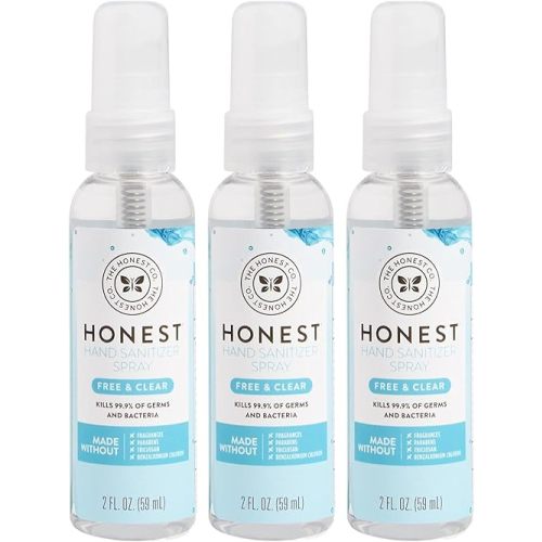 The Honest Company Plant-Based Hand Sanitizer Spray | Kills 99.9% of Germs | Hypoallergenic, Quick-drying + Moisturizing | Fragrance Free, 2 fl oz each (pack of 3)