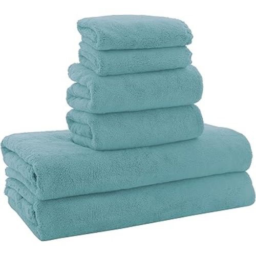 MOONQUEEN Ultra Soft Towel Set-Quick Drying - 2 Bath Towels 2 Hand Towels 2 Washcloths-Microfiber Coral Velvet Highly Absorbent Towel for Bath Fitness,Bathroom,Sports,Yoga, Travel(Teal, 6 Pcs)