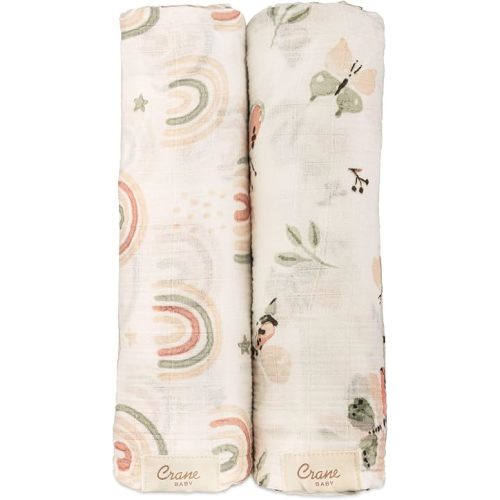 Crane Baby 100% Cotton Muslin Swaddle Blankets, Butterfly/Rainbow, Baby Swaddle Blanket, Set of 2, 47" x 47", Swaddles for Newborns, Baby Muslin Swaddle Blanket, Swaddle Blankets for Boys & Girls