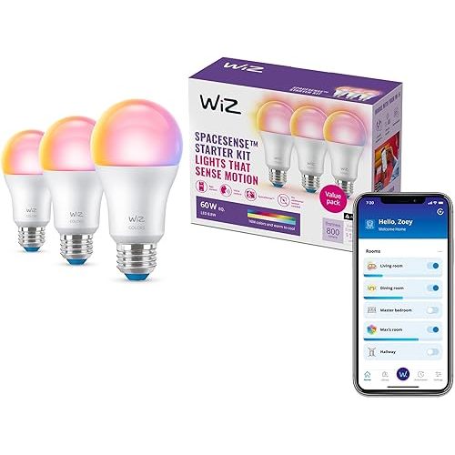 WiZ 60W A19 Color LED Smart Bulb - Pack of 3 - E26- Indoor - Connects to Your Existing Wi-Fi - Control with Voice or App + Activate with Motion - Matter Compatible