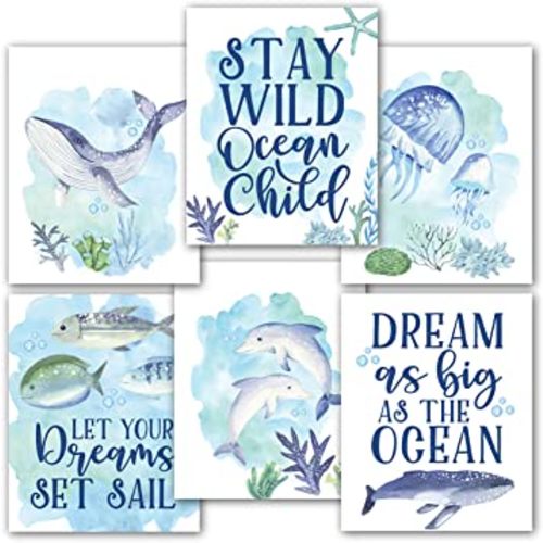 6 Reversible 8x10 Watercolor Ocean Wall Art Prints, Beach Wall Decor For Bedroom Posters For Kids, Beach Bathroom Decor Wall Art Prints, Ocean Wall Decor For Room Posters, Beach Party Decorations For Wall Prints