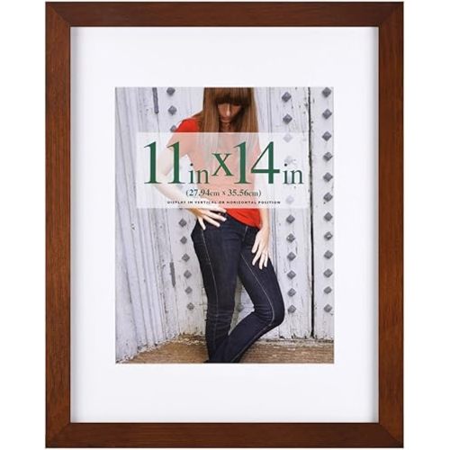 RPJC 11x14 Picture Frames Made of Solid Wood and High Definition Glass Display Pictures 8x10 with Mat or 11x14 Without Mat for Wall Mounting Brown