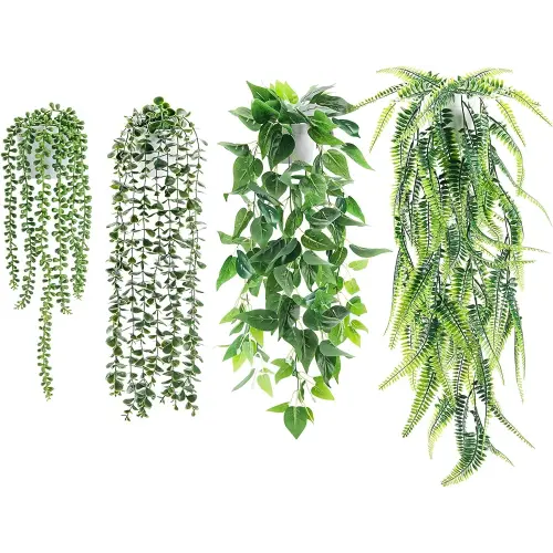 Der Rose 4 Pack Fake Plants Hanging with Pots Artificial Ivy Vine Faux Eucalyptus Hanging Plants, Boston Fern, String of Pearls for Home Room Wall Shelf Indoor Outdoor Decor?White Pots?