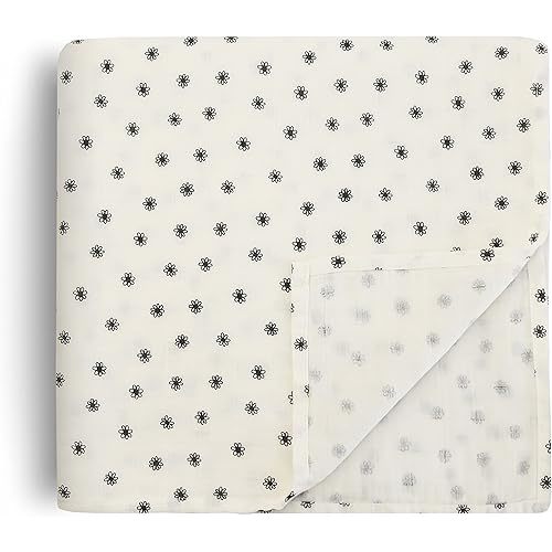 mushie Muslin Baby Swaddle Blanket | 100% Organic Cotton - Color: Black Daisy