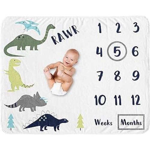 Sweet Jojo Designs Mod Dino Boy Milestone Blanket Monthly Newborn First Year Growth Mat Baby Shower Memory Keepsake Gift Picture - Blue, Green and Grey Modern Dinosaur Rawr