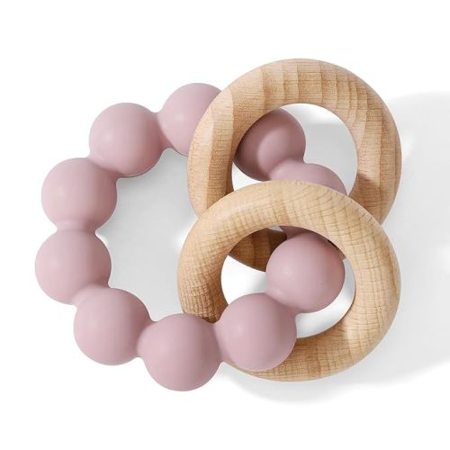 Socub Baby Teething Toys for 0-6 6-12 Months- BPA-Free Food-Grade Silicone & Natural Beech Wood Teether Ring for Newborn Infants Teething Relief- Easy-Grip Sensory Rattle Toys(Dusty Lilac)