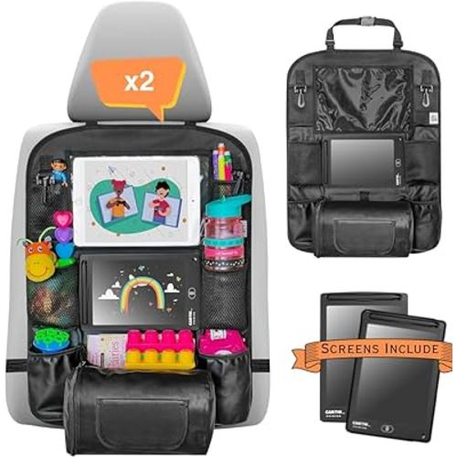Backseat Car Organizer with LCD Writing Tablet, Includes Erasable Drawing Tablet - Road Trip Essentials for Kids, Car Organizer Backseat Storage for Toys & Accessories (Double pack)