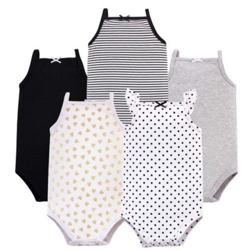 Hudson Baby Infant Girl Cotton Sleeveless Bodysuits 5pk, Basic Black Gold, 12-18 Months