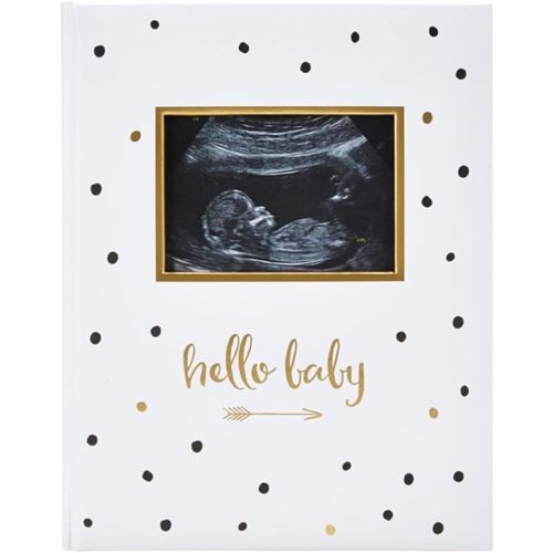 Pearhead Hello Baby First 5 Years Memory Book, Gender-Neutral Baby Keepsake for New and Expectant Parents, Pregnancy And Milestone Journal, Modern Minimalist Black and Gold Polka Dot