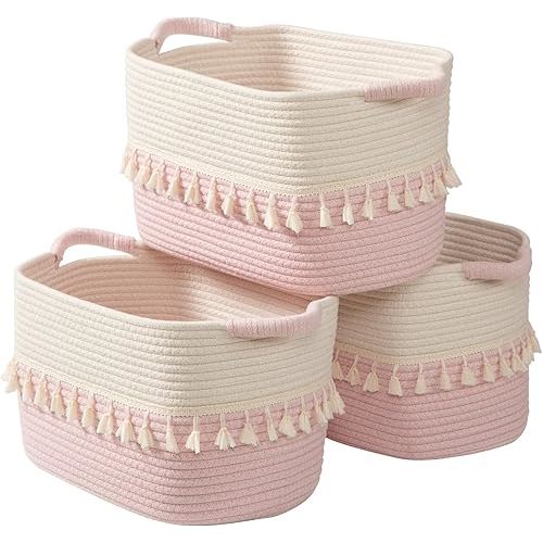 TeoKJ Storage Baskets 3 Packs, Storage Basket for toys,Towel, Storage Bins, Woven Basket for Shelves Bedroom Laundry Nursery, White & Pink