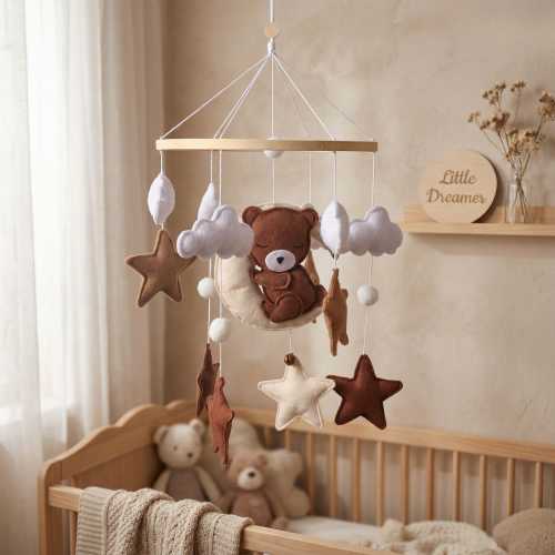 Wooden Baby Crib Mobile with Felt Bear & Stars, Nursery Decor, Newborn Gift, Baby Shower Gift