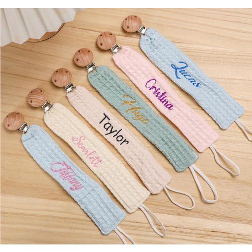 Personalized pacifier clip holder, Personalized fabric pacifier clip with wooden clip,hand embroiered name,baby shower gift