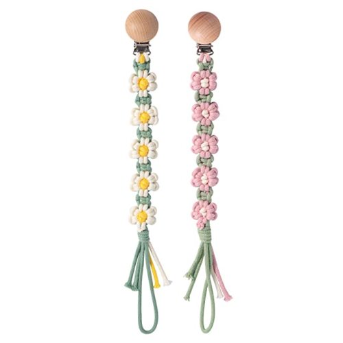 Pacifier Clip for Boys Girls Floral Daisy Macrame Paci Clip Pacifier Holder Leash Boho Wooden Clips Handmade Braided Cotton Unisex Baby Shower Birthday Gift