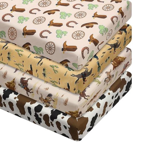 4 Pcs Western Cowboy Crib Sheet Set Newborn Bedding Nursery Baby Sheets for Girl Boys Baby Gifts for Standard Crib and Toddler Mattresses, 52 x 28 x 8 Inches