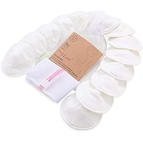Organic Bamboo Nursing Breast Pads - 14 Washable Pads + Wash Bag - Breastfeeding Nipple Pad for Maternity - Reusable Nipplecovers for Breast Feeding (Soft White, Large 4.8")