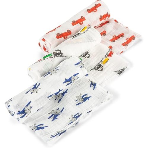 LollyBanks 3 Pack Muslin Swaddle Blanket, 100% Muslin Cotton Soft Swaddle Blankets for Baby Boys, 47 X 47 Inches Cozy Swaddles for Newborns, Baby Essentials, Registry (Trucks Airplanes and Trains)