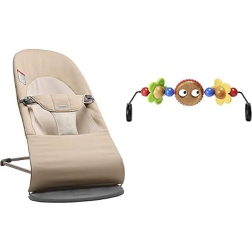 Babybjorn Bouncer Balance Soft, Cotton/Jersey, Khaki/Beige & BABYBJORN Wooden Toy for Bouncer - Googly Eyes (080500US)