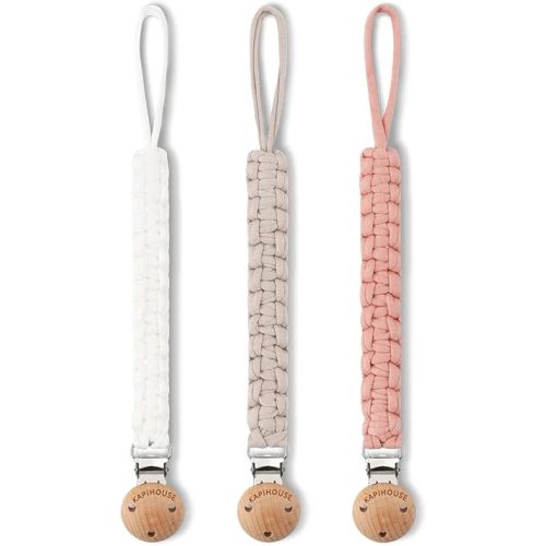Pacifier Clip for Girl 9.2 Inch Pacifier Leashes woodern Clips Teething Toy with Handmade Braided Cotton Modern Unisex Baby Shower Birthdays Christmas Set (3 Pack Grils)