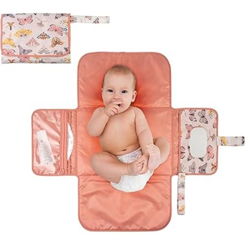 Portable Diaper Changing Pad, Foldable Waterproof Baby Change Pad for Newborn Girl & Boy with Smart Wipes Pocket (Flutter)