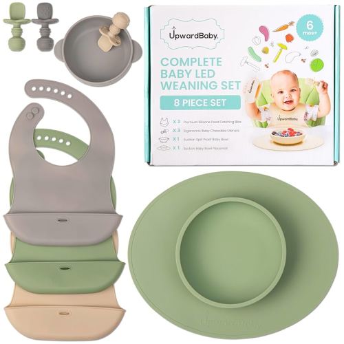 UpwardBaby Led Weaning Supplies - Suction Plates for Baby - Spoons Self Feeding 6 months Bowls Silicone Plates Bowls Self Eating - Toddler/Infant First Stage BLW Utensils 6-12 Months