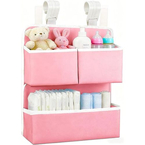 Hanging Diaper Organizer for Bassinet/Crib/Playpen/Playard – Hold 80+ Diapers - Changing Table Diaper Holder Attachment Accessories- Diaper Stacker Nursery Caddy Organizer (Pink)