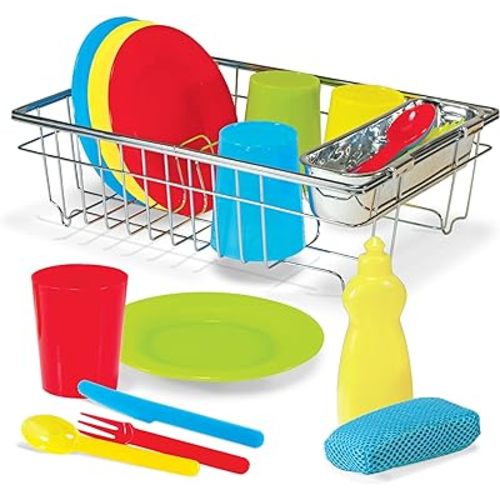 Melissa & Doug Wash and Dry Dish Set - 24 Pieces Kids Play Dishes, Play Kitchen Accessories, Toy Dishes for Kids Kitchen Ages 3+