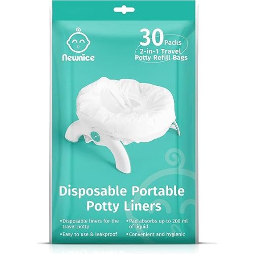 Newnice 30 Packs Disposable Liners with 200ML Absorbent Pads, Portable Travel Bags Compatible with OXO Tot 2-in-1 Go Potty, Training Liners Fit Most Chairs for Kids, Toddlers