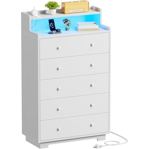 Furnulem Tall Chest of Drawers for Bedroom,Dresser Storage Cabinet with Charging Station and LED Light,Wood Deep Slide Drawer for Clothes,Blanket in Living Room, Entryway,White Furniture