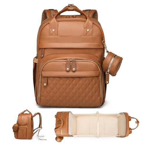 ANWTOTU Leather Baby Diaper Bag with Changing Station,Extra large Capacity Baby Diaper Bag Backpack(Brown)