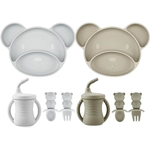 PandaEar Silicone Baby Feeding Set, Baby Led Weaning Supplies 8 Pcs, Divided Suction Plates, Sippy Cup, Spoons & Forks for Toddler 6 Months+