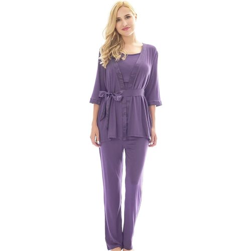 Bearsland Maternity Women's 3 Pieces Soft Nursing Pajamas Set Postpartum Sleepwear for Breastfeeding